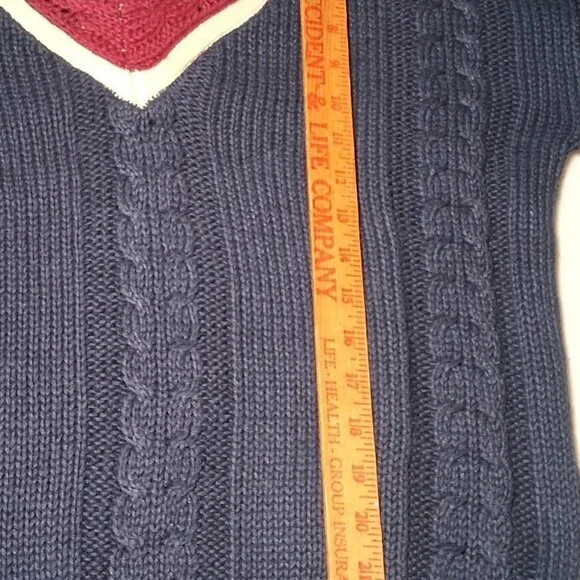 Vintage 90s Stefano Man Sweater L Blue Maroon Cable Knit V Neck Academia Preppy - Picture 6 of 14